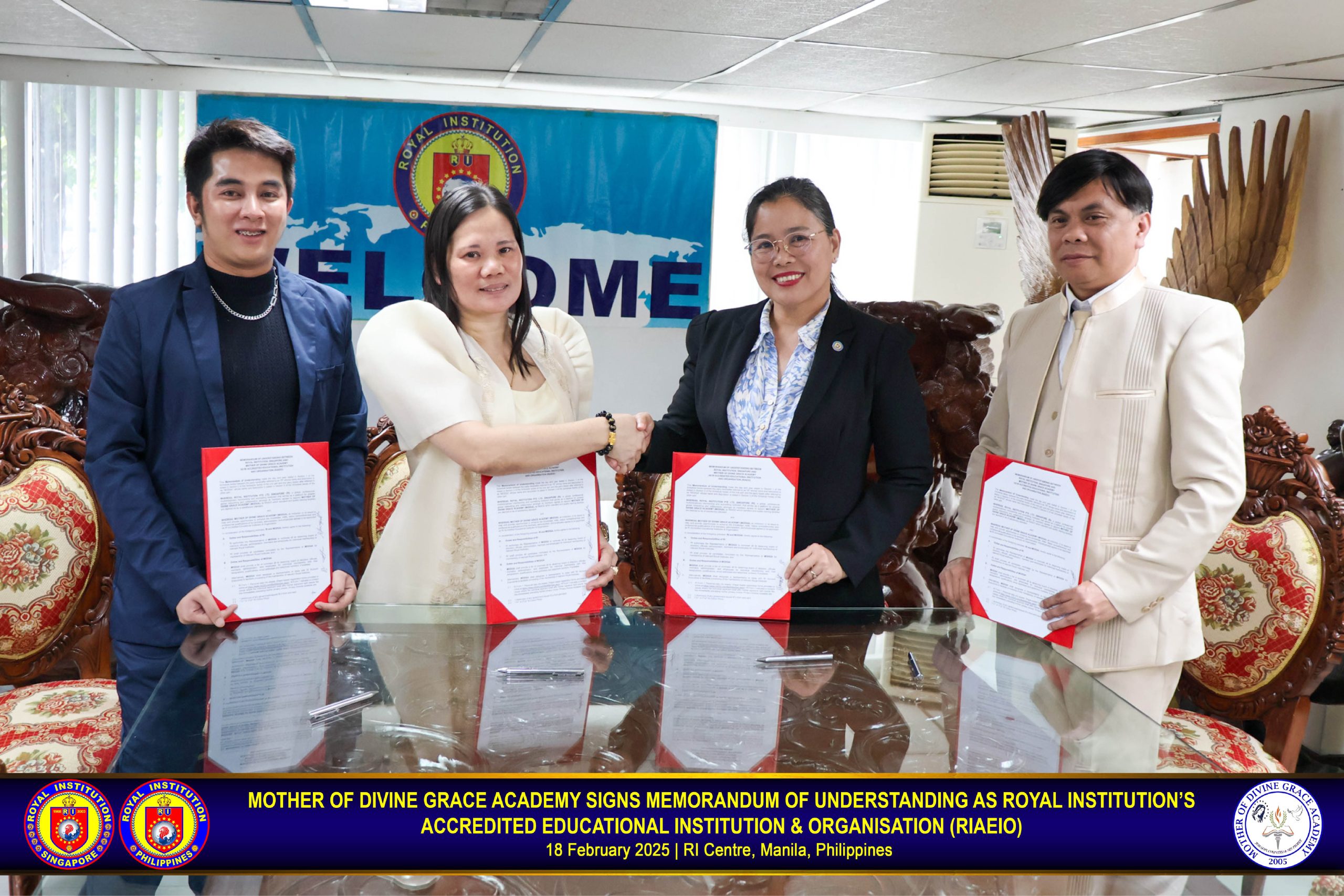 Mother of Divine Grace Academy (MODGA) signs a Memorandum of Understanding as RIAEIO on February 18, 2025, at the RI Centre in Manila, Philippines