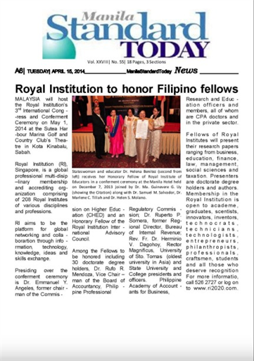 Manila Standard Today - RI to honor Filipino Fellows