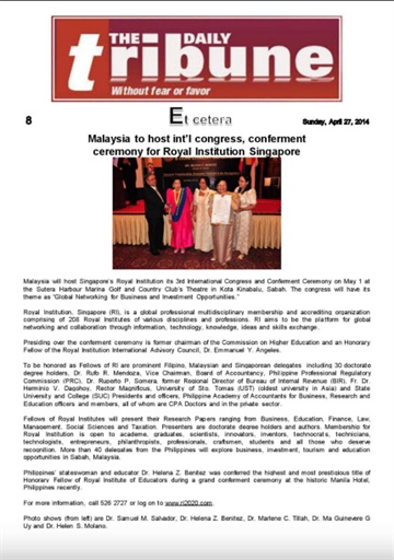 The Daily Tribune - Malaysia host Int'l Congress, Conferment Ceremony for Royal Institution Singapore
