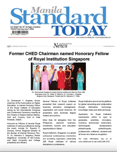 Manila Standard Today "Former CHED Chairman named Honorary Fellow of Royal Institution Singapore"