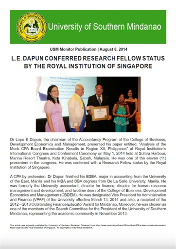 L.E DAPUN CONFERRED RESEARCH FELLOW STATUS BY THE ROYAL INSTITUTION OF SINGAPORE