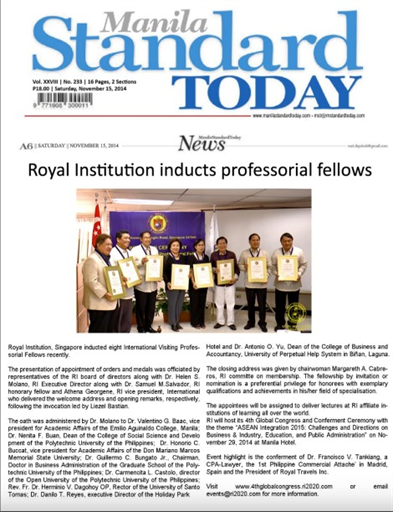 Manila Standard Today "Royal Institution inducts professorial fellows"