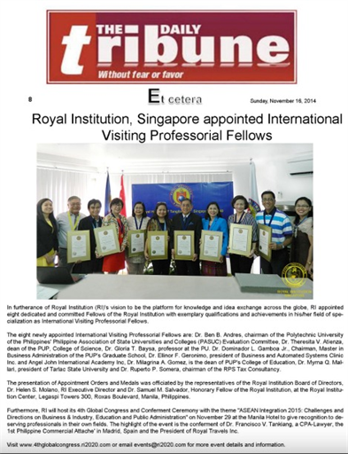 The Daily Tribune "Royal Institution appointed International visiting professorial Fellows"