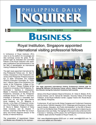 Philippine Daily Inquirer - Royal Institution, Singapore Appointed IVPF