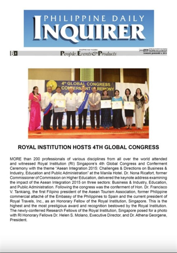 Philippine daily Inquirer " Royal Institution Hosts 4th Global Congress"