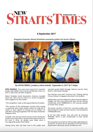 New Straits Times - Singapore honours Mount Kinabalu mountain guides for heroic efforts